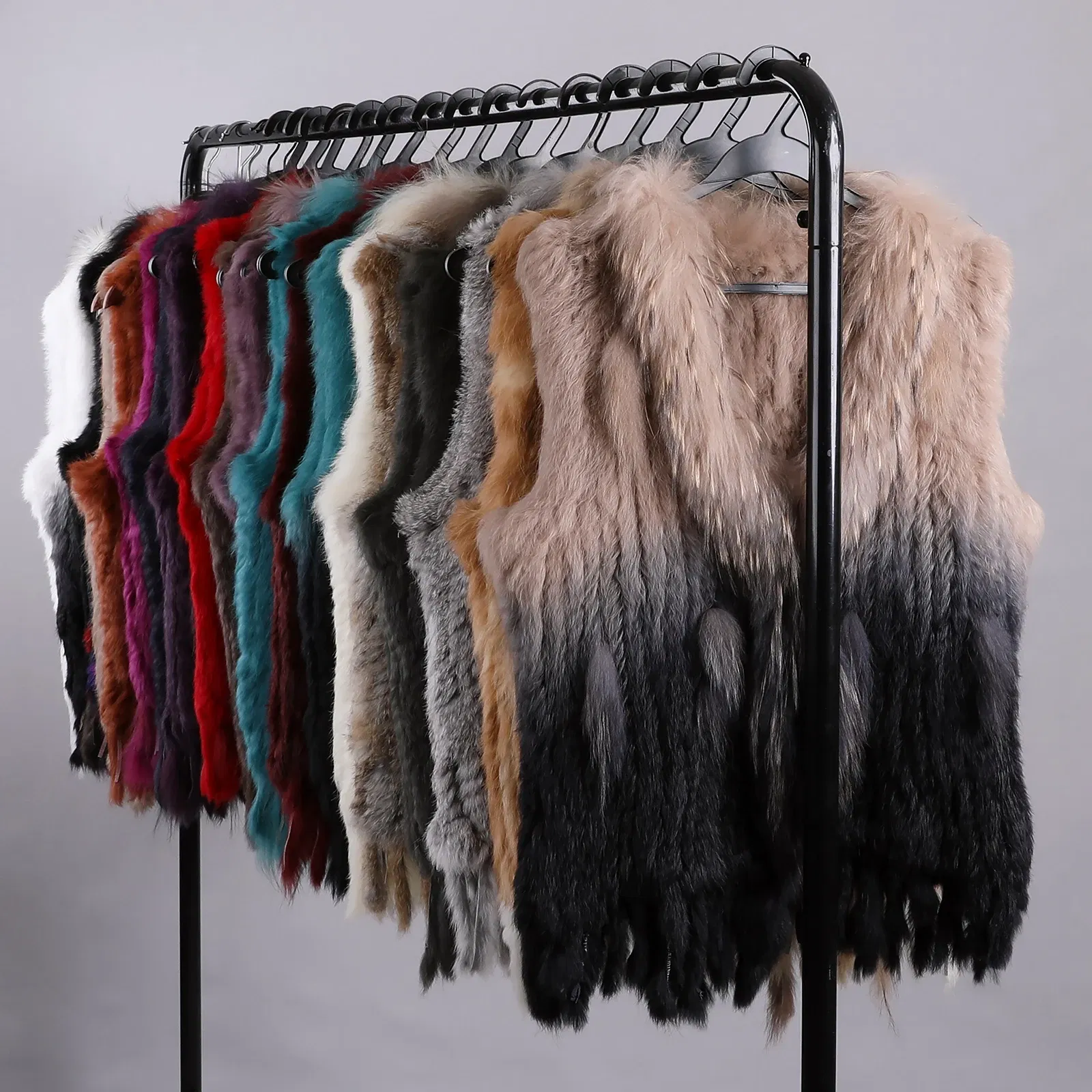 Color: Champagne, Size: XL - Luxury Women's Genuine Premium Long Hair Rabbit Fur Knit Vest Raccoon Fur Trim Gilet Lady Sleeveless Waistcoat Real Fur Jacket