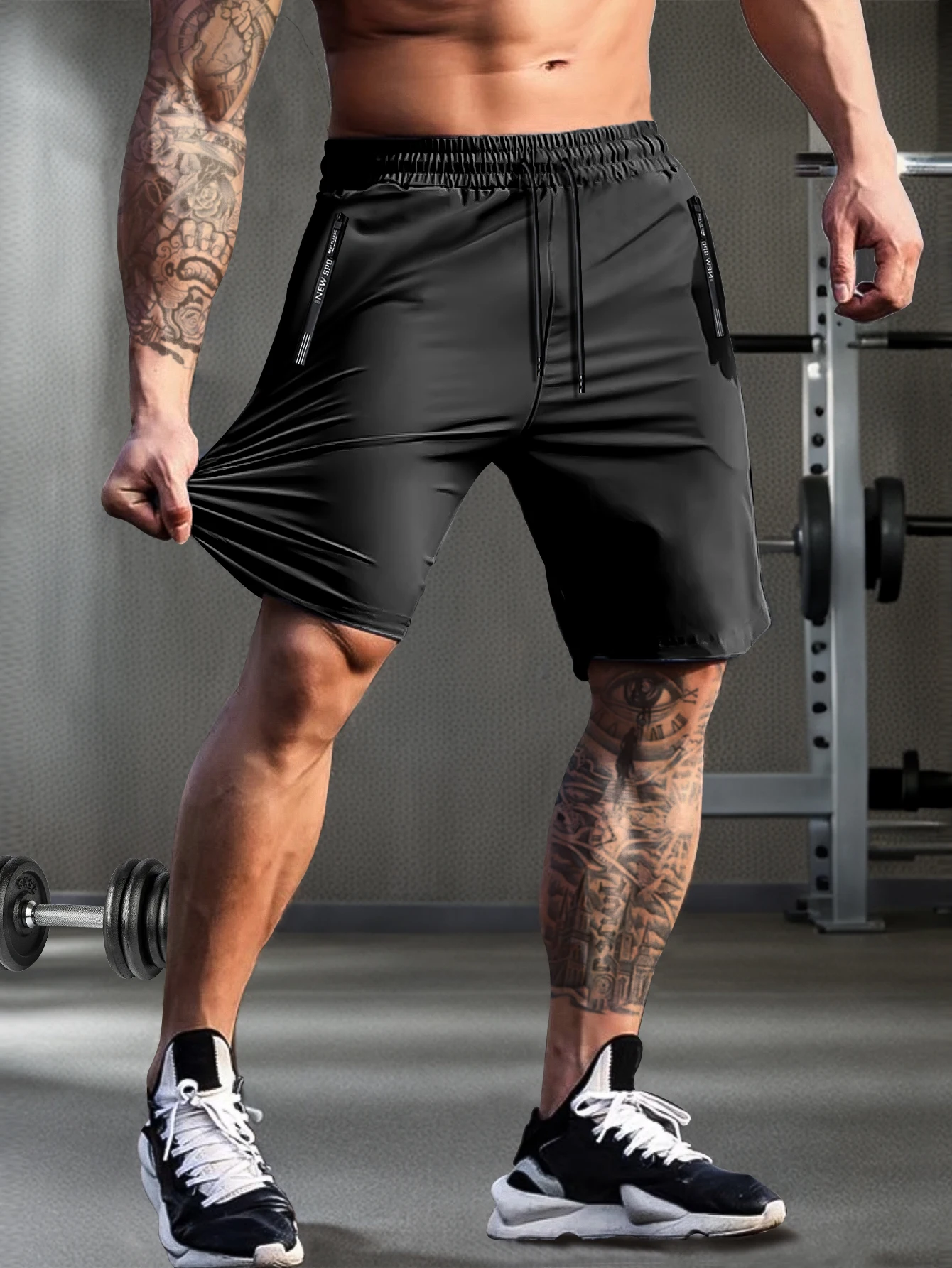 Color: black, Size: 4XL - Men's solid color shorts, with zipper pockets, casual elastic drawstring shorts with a loose waist and high elasticity, suitable