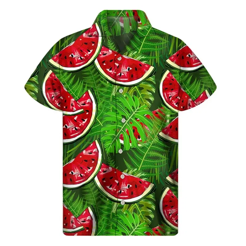 Color: GRAY, Size: L - Tropical Watermelon Graphic Hawaiian Shirt Summer Street Short Sleeves 3d Printed Fruits Button Shirts Men Clothes Lapel Blouse