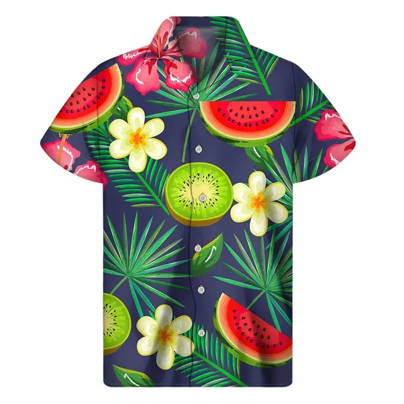 Color: GRAY, Size: L - Tropical Watermelon Graphic Hawaiian Shirt Summer Street Short Sleeves 3d Printed Fruits Button Shirts Men Clothes Lapel Blouse