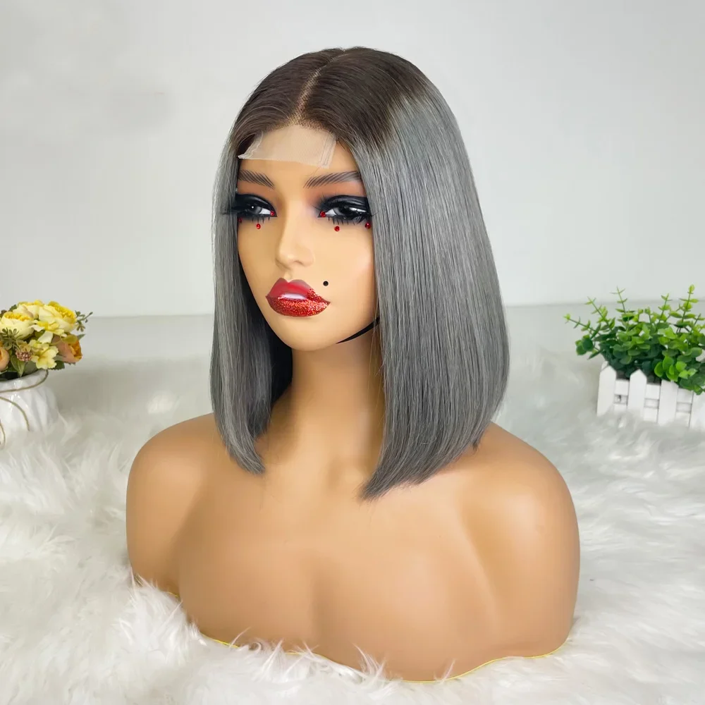 Hair Color: #33, Stretched Length: 8inches, Density: 100% - 250% Density Grey 2x6 Lace Closure Wigs Straight Bob Glueless Wig Gray Vietnamese Human Hair Super Double Drawn Wigs Pre Plucked