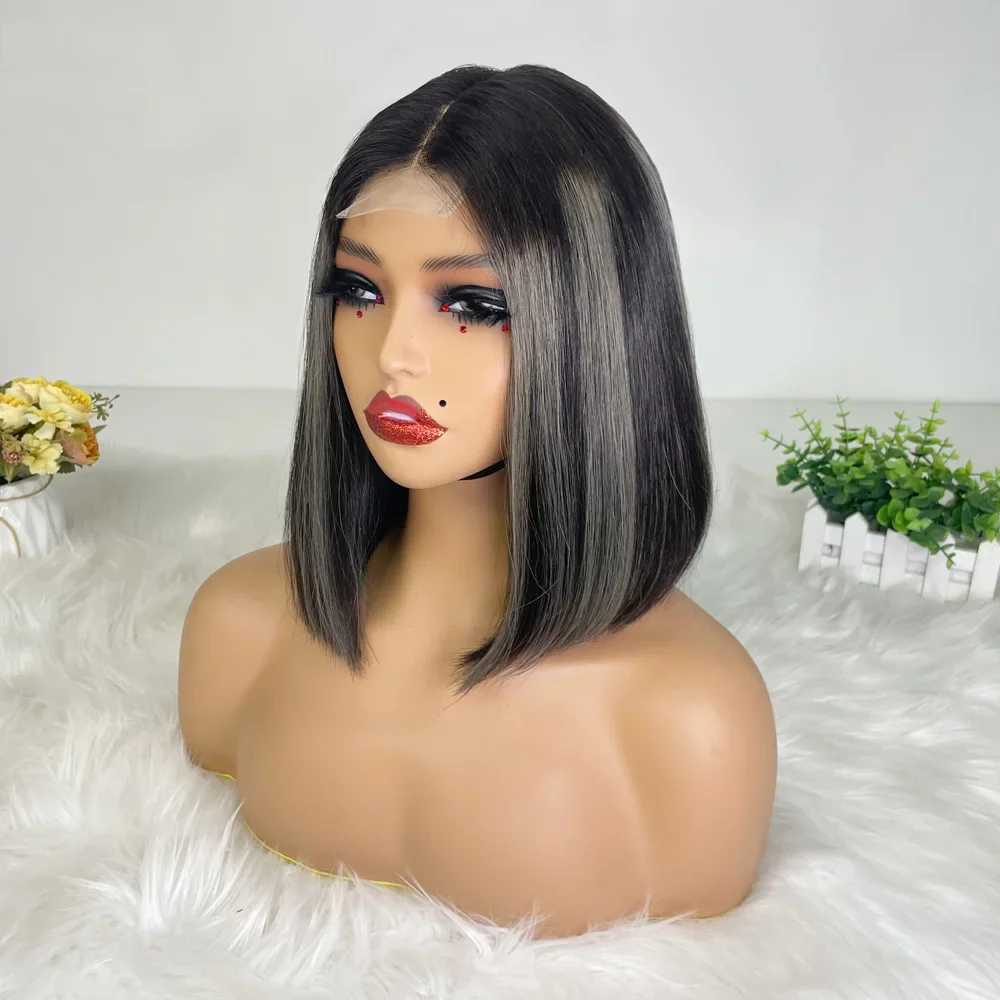 Hair Color: #33, Stretched Length: 8inches, Density: 100% - 250% Density Grey 2x6 Lace Closure Wigs Straight Bob Glueless Wig Gray Vietnamese Human Hair Super Double Drawn Wigs Pre Plucked