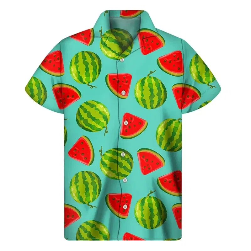 Color: Gold, Size: 4XL - Tropical Watermelon Graphic Hawaiian Shirt Summer Street Short Sleeves 3d Printed Fruits Button Shirts Men Clothes Lapel Blouse