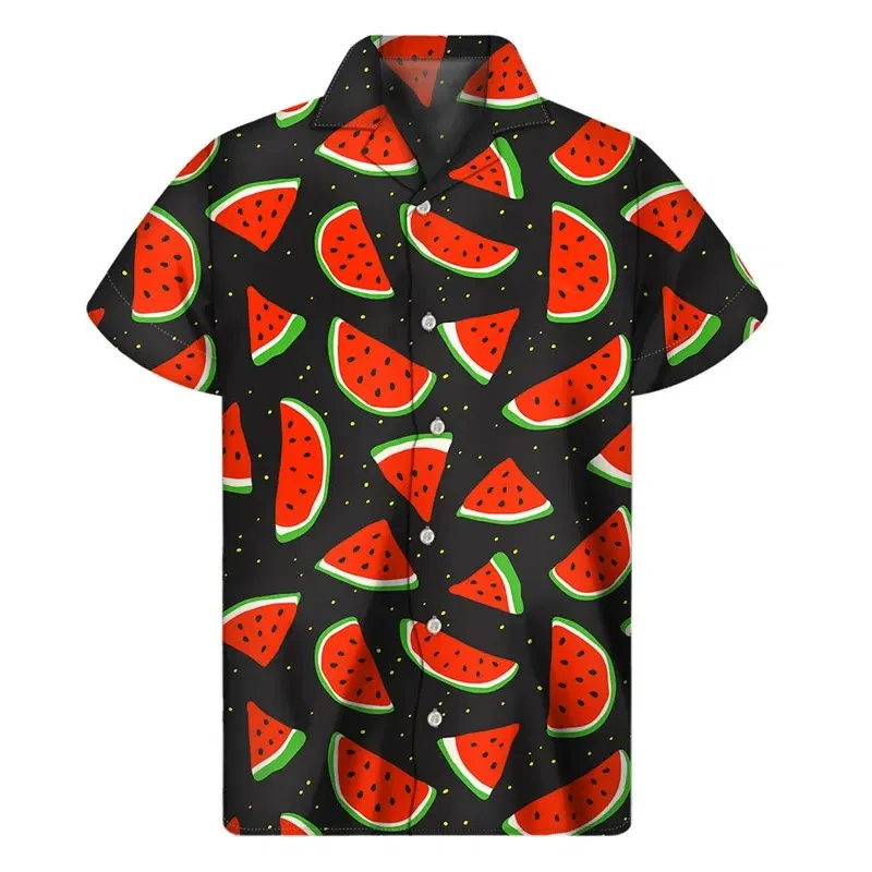 Color: Gold, Size: 4XL - Tropical Watermelon Graphic Hawaiian Shirt Summer Street Short Sleeves 3d Printed Fruits Button Shirts Men Clothes Lapel Blouse