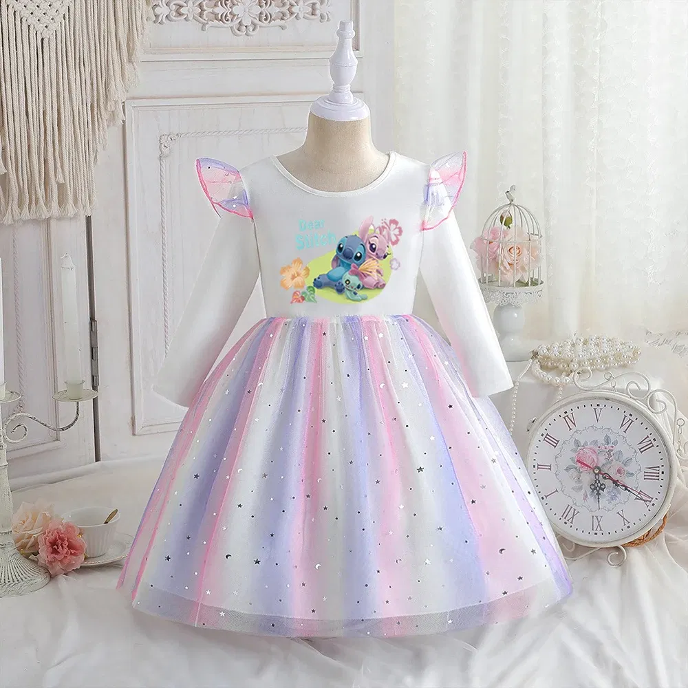 Color: Pink, Kid Size: 6 - Stitch Princess Dress Autumn New Disney Baby Girls Dress Spring Autumn Long-sleeved For Children Kids Clothes Birthday Party