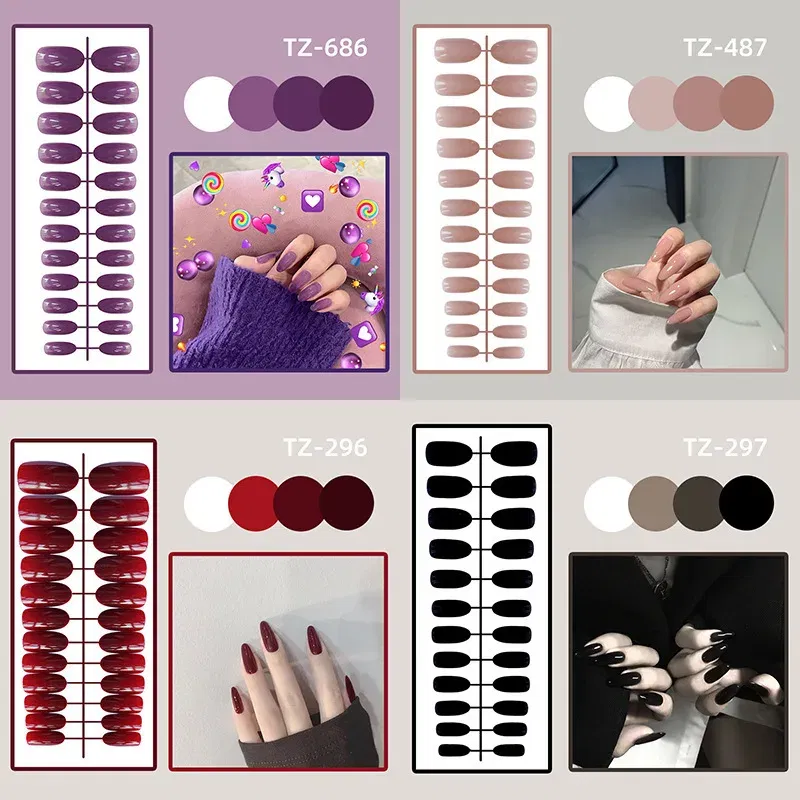 Color: transparent - 24Pcs/Set Long Round Head Bright Solid Color Press On Acrylic Nail Art Fake Nails Finished Wearing Manicure Reusable False Nails