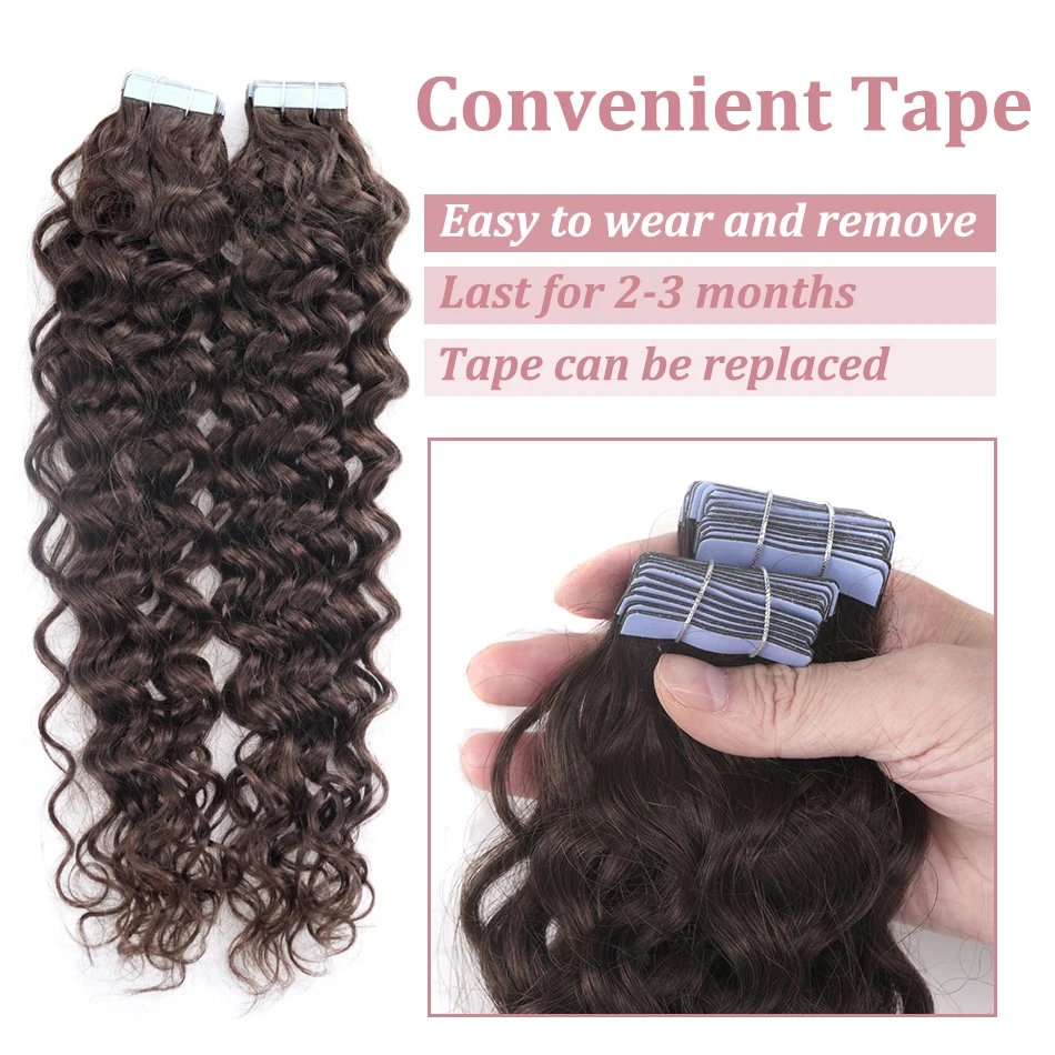 Color: #4, Length: 16 inches, Items per Package: 20 pcs - Water Wave Tape in Human Hair Extensions 2g/pcs Dark Brown Real Human Hair Adhesive Invisible Keratin Hair Extensions for Women