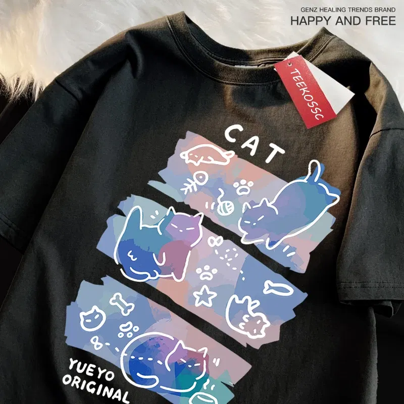 Color: Dark Grey, Size: L - Fun Mischievous Cat Print Japanese Style T-Shirts Men Women Fashion Tshirs Breathable Summer T-Shirts Cotton Loose Tee Clothes