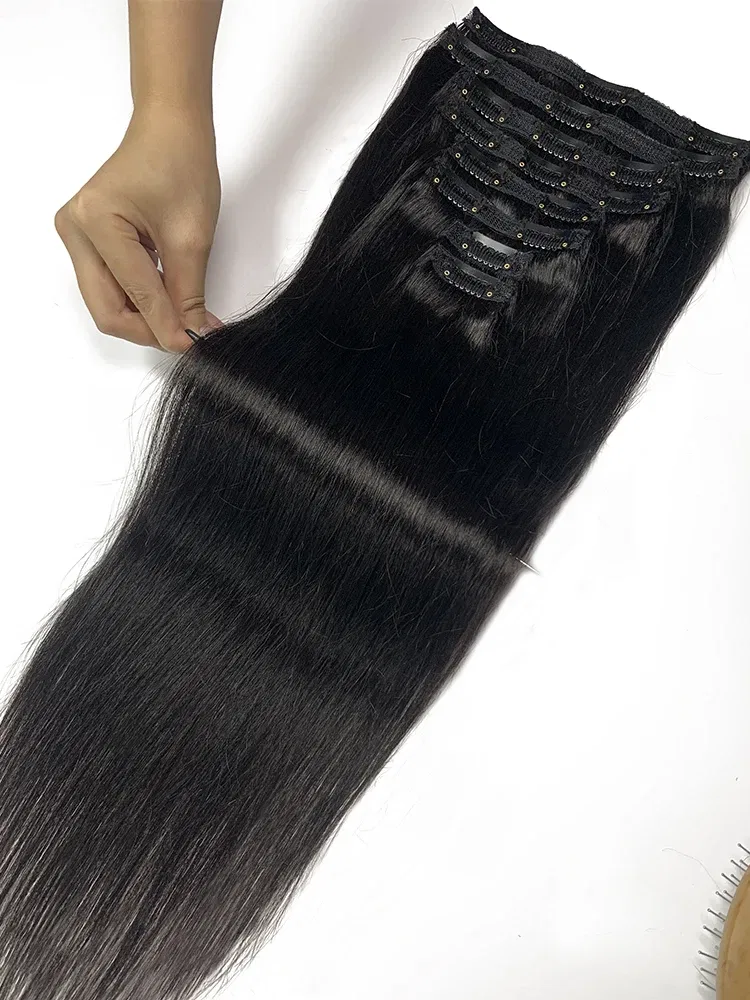 Color: Yellow, Stretched Length: 12inches, Life Span: 6 Months With Proper Care, Weight Per Package: 120g/Set - Straight Clip In Hair Extension Human Hair 120g/Set Straight Clip In Extension Full Head Brazilian Clip Hair Extension for Women
