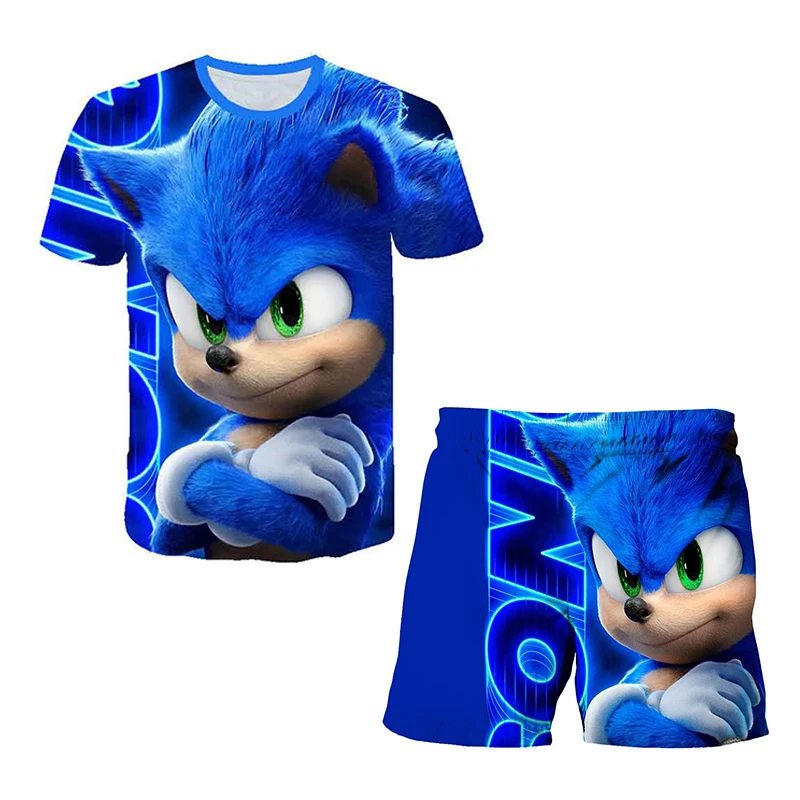 Color: PURPLE, Size: 12" - New Japanese cartoon Sonic T-shirt children's top T-shirt shorts two-piece set summer boy cartoon cute T-shirt+beach pants