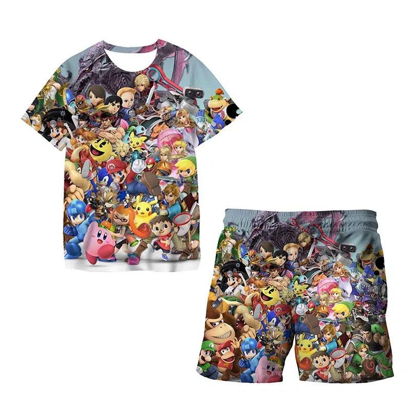 Color: PURPLE, Size: 12" - New Japanese cartoon Sonic T-shirt children's top T-shirt shorts two-piece set summer boy cartoon cute T-shirt+beach pants