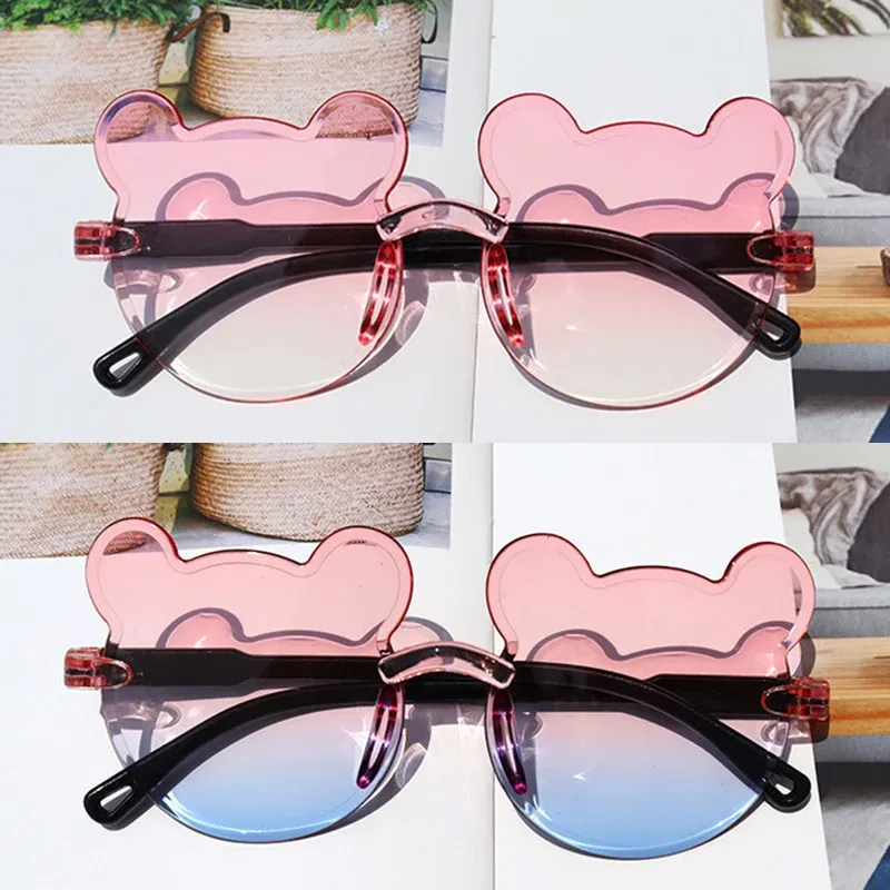 Lenses Color: ROSE RED - Hot Sale!Children Cute Cartoon Bear Shape Sunglasses Boy Girls Summer Anti-UV UV400 Rimless Sun Glasses Kids Outdoor Sun Glasses