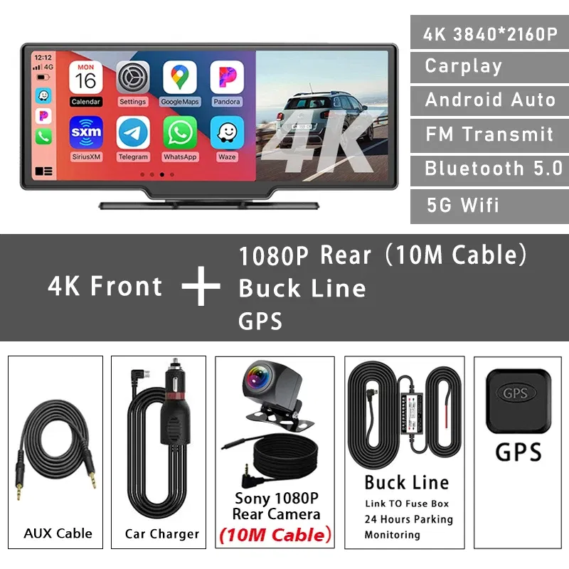 Color Name: Yellow, Sd Card Memory: 16g - Car Dvr 10.26 Inch 4K 3840*2160P Carplay Android Auto Dash Cam GPS 5G WIFI FM BT Dual Lens Camera Dashcam Drive Recorder