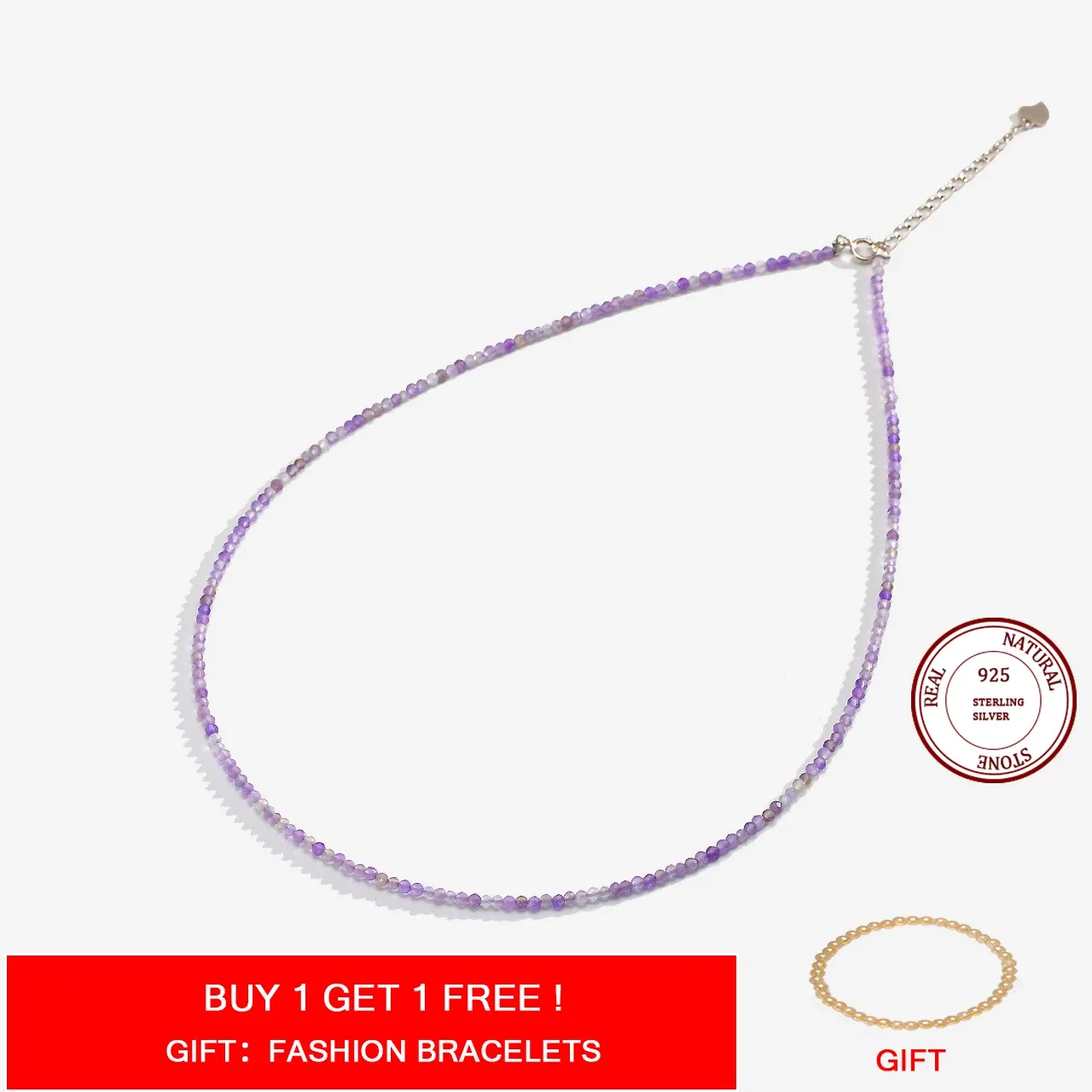 Gem Color: Clear, Length: 40cm - Natural Stone Necklace Spinel/Lapis Lazul/Amazonite/Amethy/Tourmaline/Amethyst Ketting 2MM Silver 925 Jewelry for Collier Femme