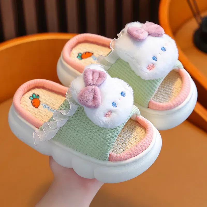 Color: Beige, Shoe Size: 5 - Women's Slippers Casual Cute Cartoon Open Toe Platform Slippers Girls' Breathable, Lightweight, Non-slip Home Shoes