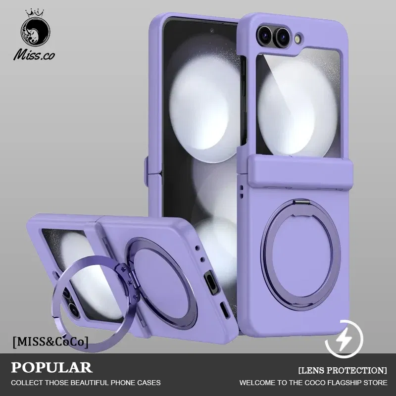Color: Lavender, Material: aluminum - For Samsung Galaxy Z Flip 3 5 4 6 Magsafe Case Wireless Charging Hinge All-inclusive Flip Shockproof Hard Magnetic Holder Cover