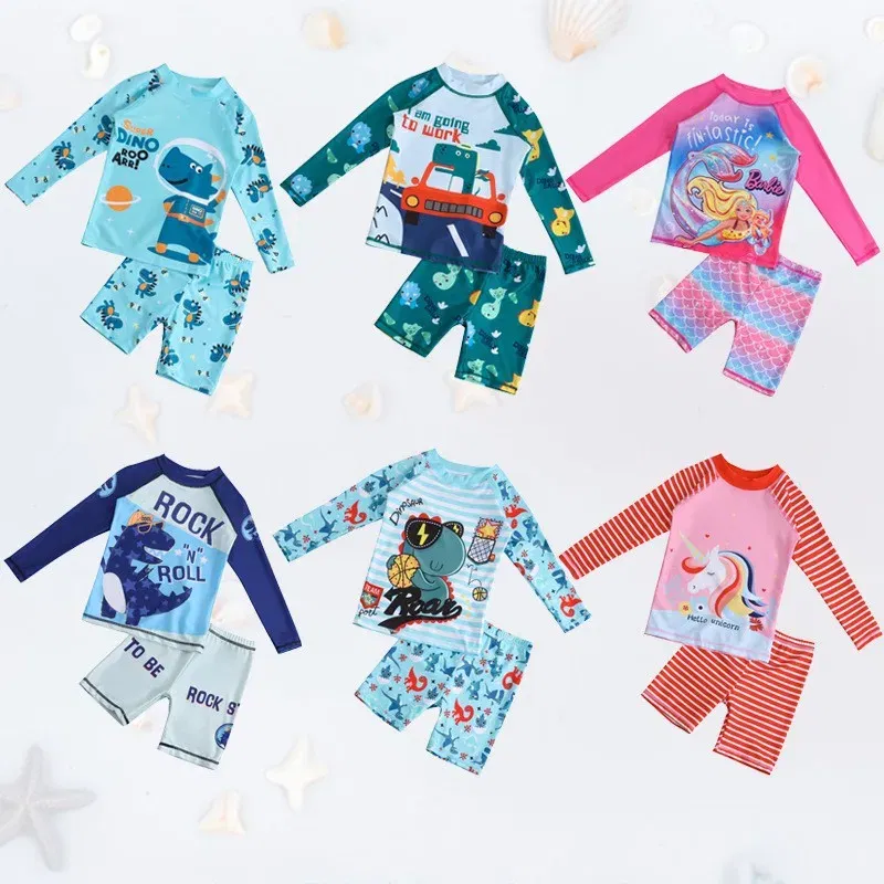 Color: Brown, Kid Size: 3M - Children Swimsuit Kids Boys Girls Swimwear Children Surfing Wear Sunscreen Quick Dry Swimwear Car Cartoon Swimsuit Beach Wear