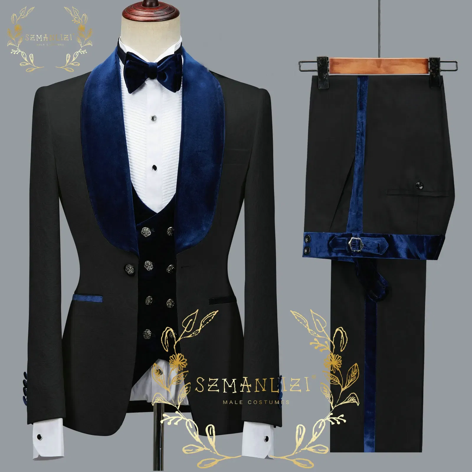Color: GRAY, Size: L - SZMANLIZI 2022 Latest Designs Black Floral Party Blazer Men Suits Costume Homme Groom Tuxedos Wedding Terno Masculino 3 Pieces