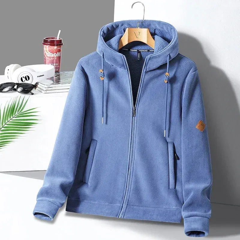 Color: Blue, Size: L - Winter Warm Cashmere Jacket Mens High-end Ski Fleece Iined Thickened Hoodie Coat Casual Womens Outdoor Camping Cold-proof Jacket