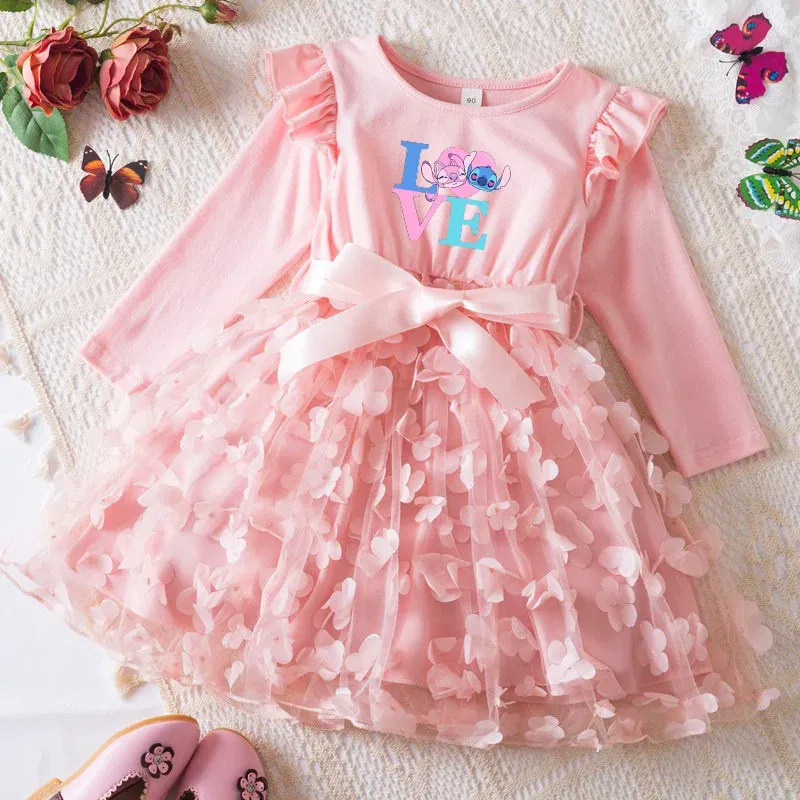 Color: Gold, Size: One Size, Height: 164 - Lilo Stitch Girl Baby Dresses Spring Autumn Child Long Sleeve Sweet Princess Dress Mesh Newborn Casual Dress Birthday Party 2-6Y