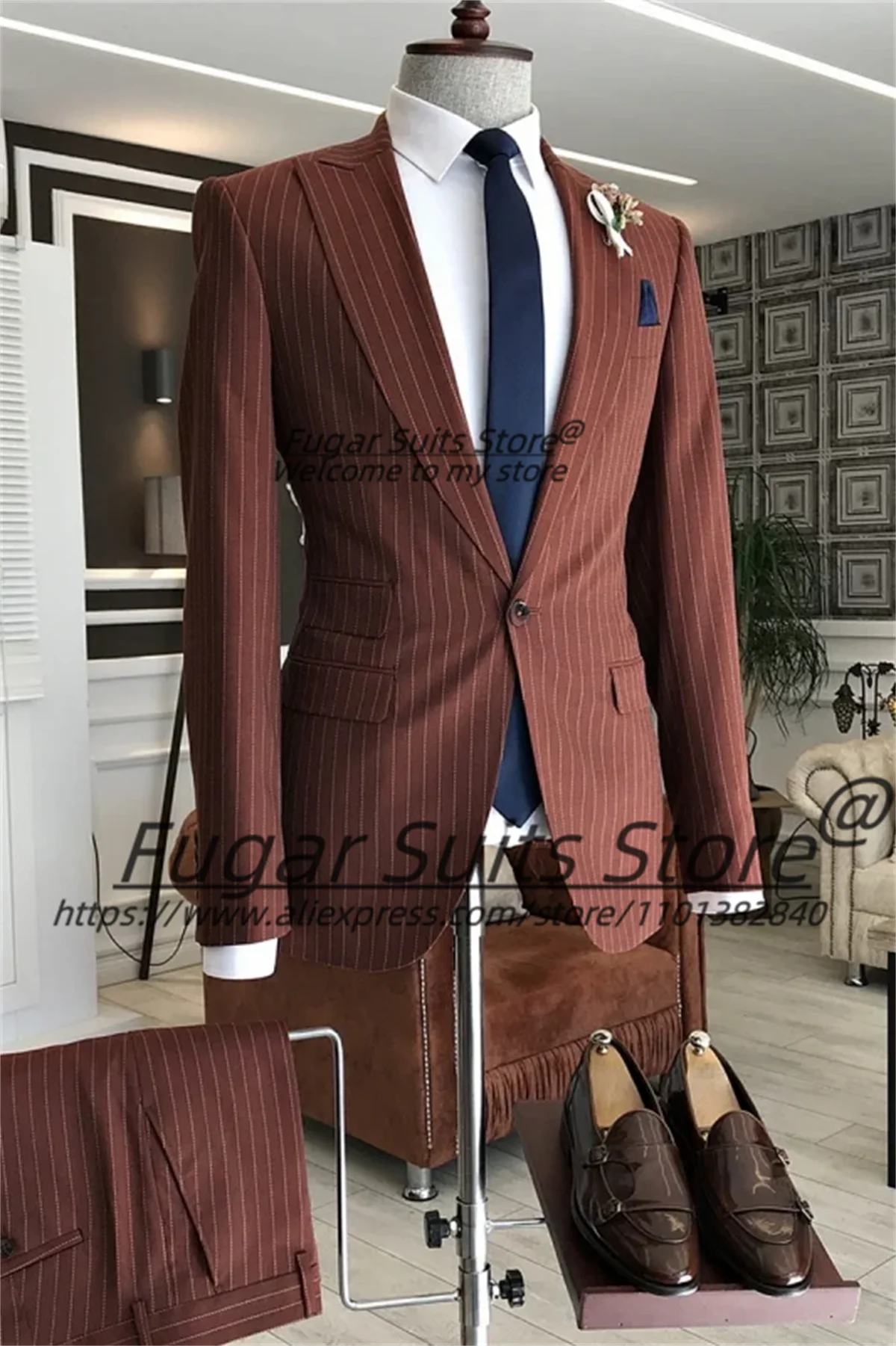 Color: Burgundy, Size: XXXL - Wine Red Stripe Wedding Suits For Men Slim Fit Peak Lapel Groom Party Tuxedos 2 Pieces Sets Business Male Blazers Costume Homme