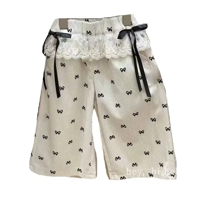 Color: Beige, Kid Size: 5T - New Girls Bow Print Pants Spring Kids Wide-leg Trousers Fashion Elastic Loose Pants Autumn Children Bowknot Trousers 2-8 Years