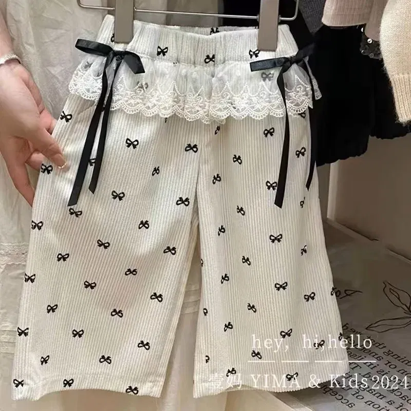 Color: Beige, Kid Size: 5T - New Girls Bow Print Pants Spring Kids Wide-leg Trousers Fashion Elastic Loose Pants Autumn Children Bowknot Trousers 2-8 Years