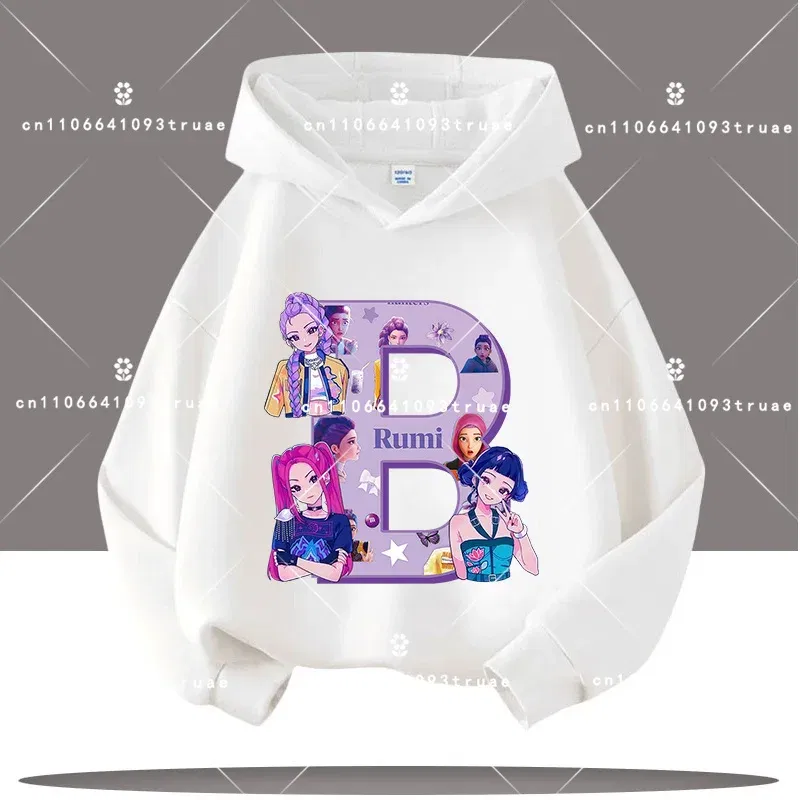 Color: Khaki, Kid Size: 5 - K-pop Demon Hunters Letter A-Z 3-12 Year Old Children Hooded Sweatshirt Girls' Casual Shirt Boys' Sports Shirt Cartoon Print