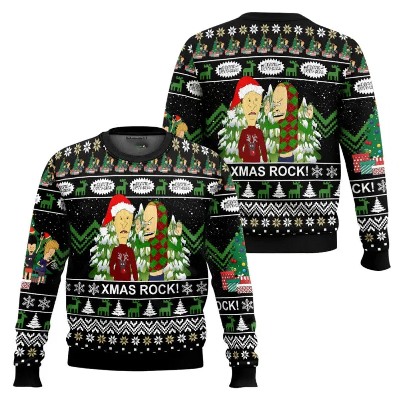 Color: Brown, Size: XXL - Xmas Rock Beavis and Butthead Ugly Christmas Sweater Cartoon Anime Women Men Pullover Tops New Fashion Couple Hoodie Sweatshirt