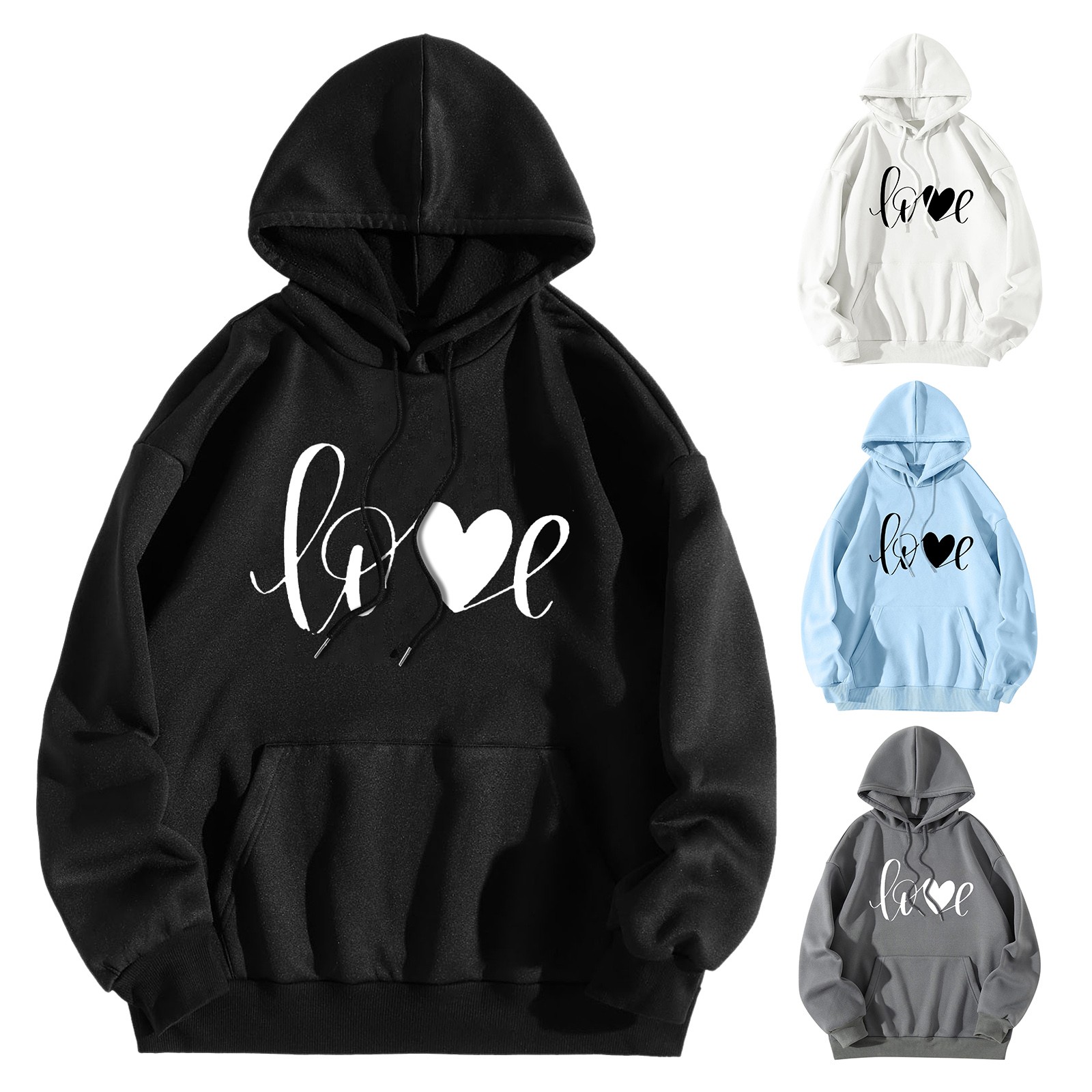 Color: Light Blue, Size: XL, Ships From: france - Men Women Print Long Sleeve Round Neck Hooded Tops Sweatshirt Hoodies Lightweight