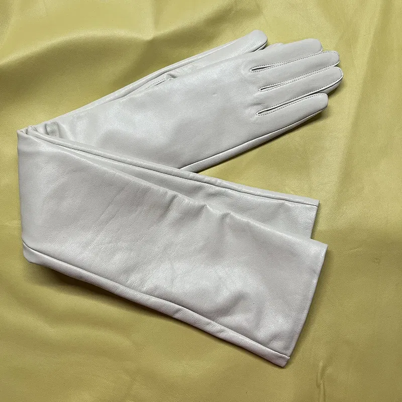 Color: WHITE, Gloves Size: L - 50cm New Genuine Leather White Women's High Grade Party Mittens Sheepskin Lady Winter Velvet long Gloves Creamy Ivory Snow White