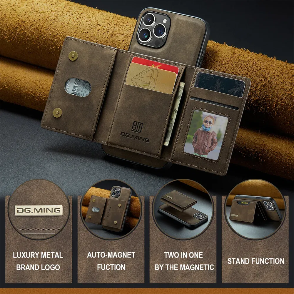 Color: green, Material: Genuine leather - 2 In 1 Case For iPhone 16 15 14 13 12 11 Pro Max Plus XS Max XR 8 Plus SE 2022 Wallet Magnetic Leather Card Holder Pocket Cover