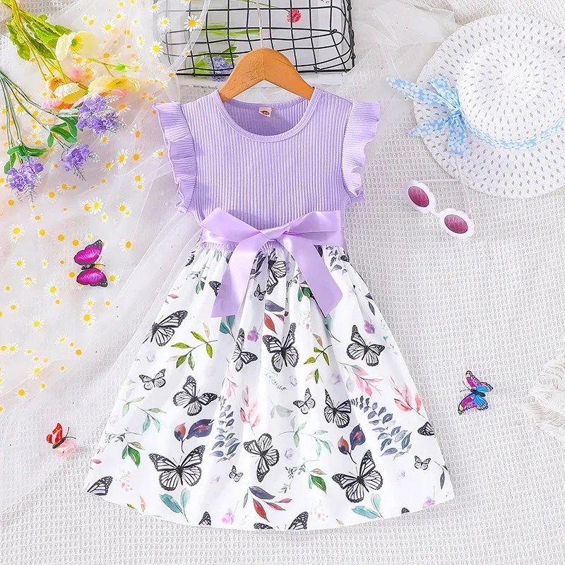 Color: Red, Kid Size: 6T - Set For Kids Girl 3-7 Years old Ruffled Sleeve Butterfly Floral Tulle Cute Princess Formal Dresses with Belt Ootd For Baby Girl