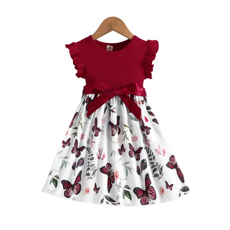 Color: Red, Kid Size: 6T - Set For Kids Girl 3-7 Years old Ruffled Sleeve Butterfly Floral Tulle Cute Princess Formal Dresses with Belt Ootd For Baby Girl