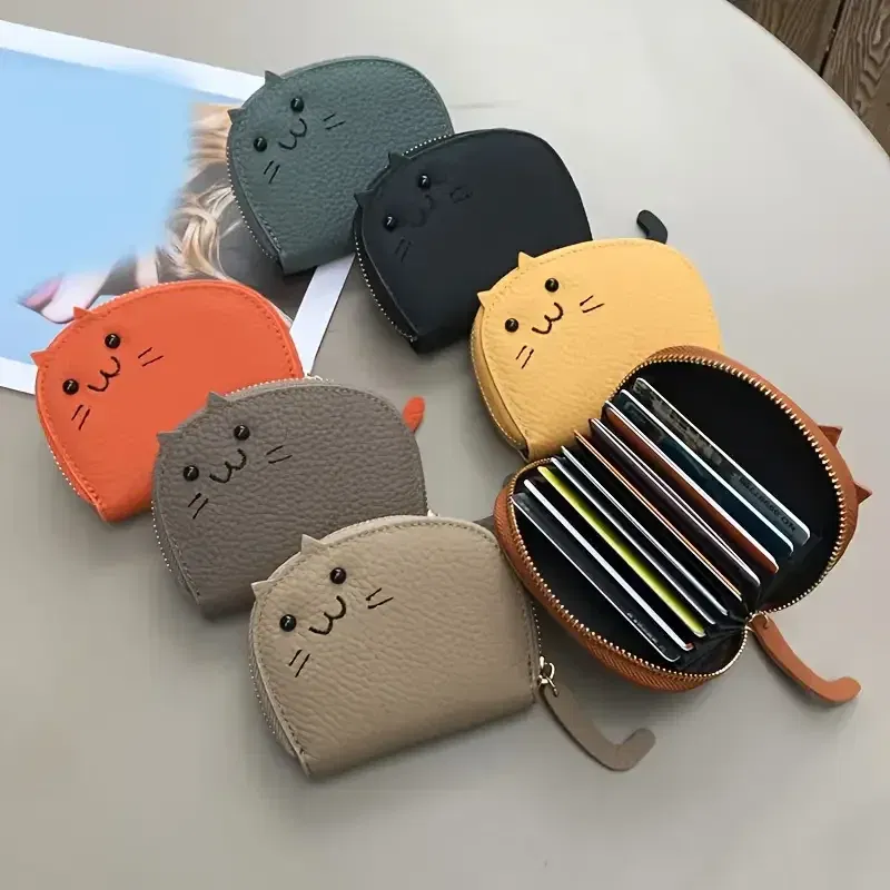 Color: Blue - Cartoon Cat shaped design Wallet Women's Multi-card slots Holder Cute Fashion Faux Leather Coin Purse Creative ID Card Holder