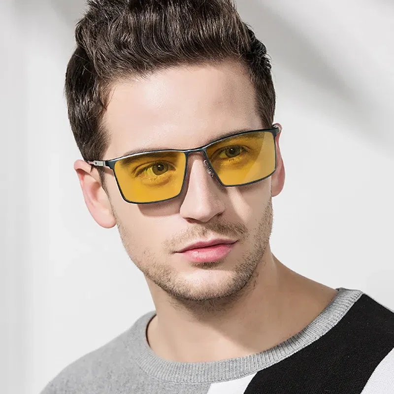 Lenses Color: Red, Frame Color: Yellow - Men's sunglasses myopia with diopter polarized  prescription glasses UC400 retro anti-glare driving goggles square black shades