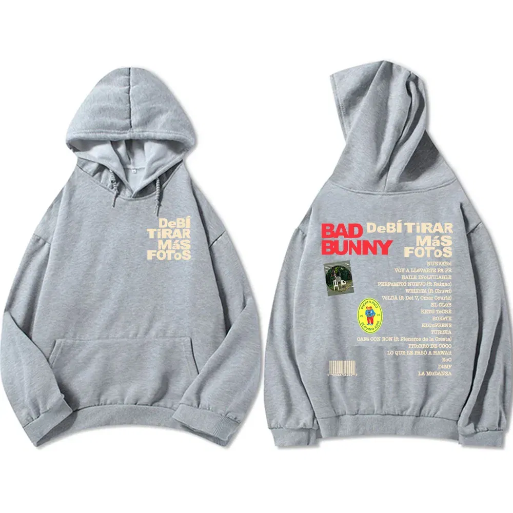 Color: Silver, Size: XS - Unisex Streetwear Bad Bunny DTMF Hoodies 2025 New Album Deb? Tirar Más Fotos Printing Sweatshirts Winter Comfortable Male Hoodie