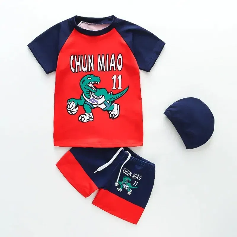 Size: 24M, Color: Blue - Summer Boys Swimsuit for Kids Split Sun Quick Dry With Swim Cap Swimsuit Cartoon Boys Set