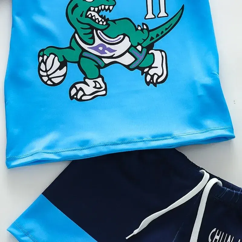 Size: 24M, Color: Blue - Summer Boys Swimsuit for Kids Split Sun Quick Dry With Swim Cap Swimsuit Cartoon Boys Set