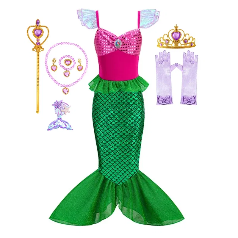 Color: black, Kid Size: 9 - Disney Little Mermaid Ariel Costumes for Girls Princess Dress Cosplay Halloween Carnival Kids Birthday Party Dress Up Clothing