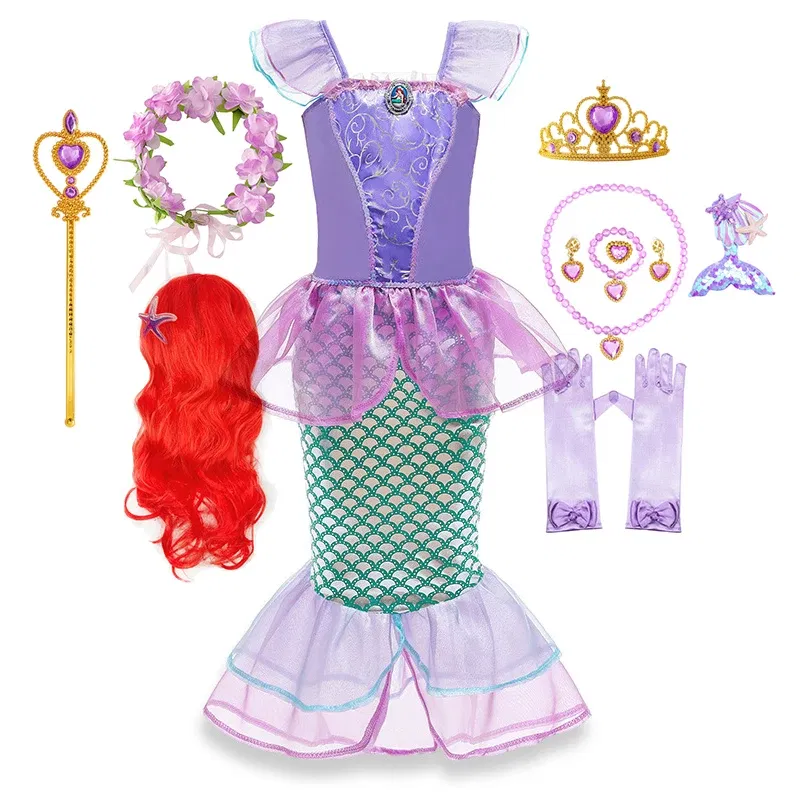 Color: black, Kid Size: 9 - Disney Little Mermaid Ariel Costumes for Girls Princess Dress Cosplay Halloween Carnival Kids Birthday Party Dress Up Clothing