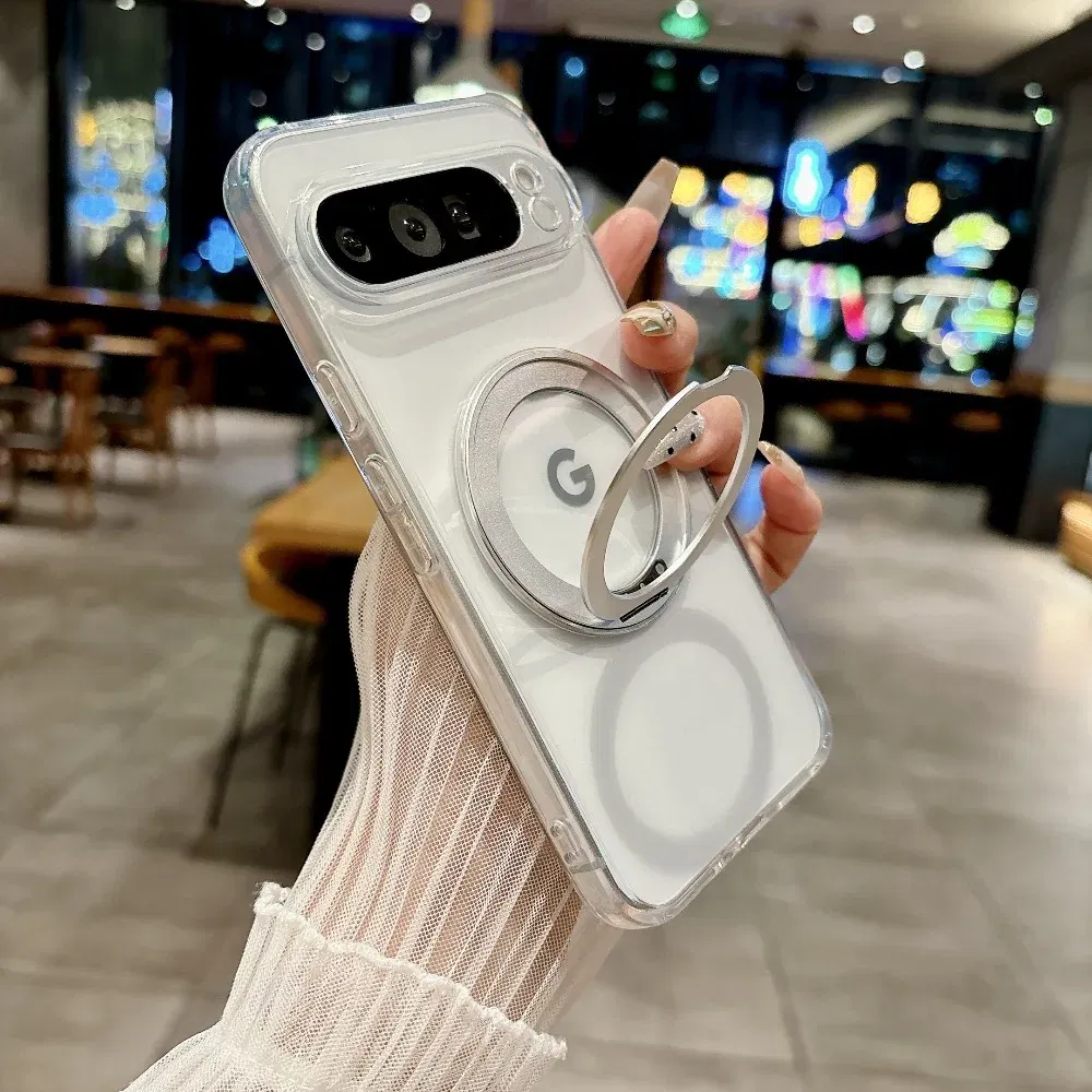 Color: Beige, Compatibility by Model: Google Pixel 9 Pro - for Magsafe Matte Rotating Bracket Case for Google Pixel 10 9 Pro XL 8 7 6 9A 8A 7A 6A Holder Stand Transparent Shockproof Cover