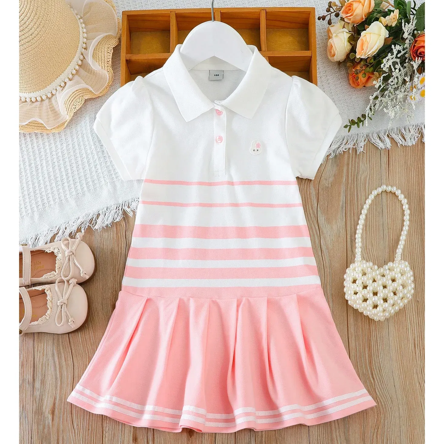 Color: Pink, Kid Size: 2T - Girls' Fashion Polo Dress with Stripes Kids Elegant Puffed Sleeves Clothes Baby Girls Summer Dresses