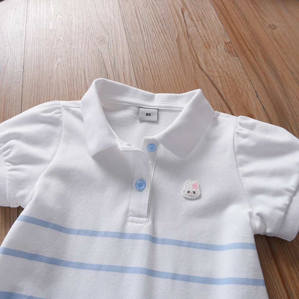 Color: Pink, Kid Size: 2T - Girls' Fashion Polo Dress with Stripes Kids Elegant Puffed Sleeves Clothes Baby Girls Summer Dresses