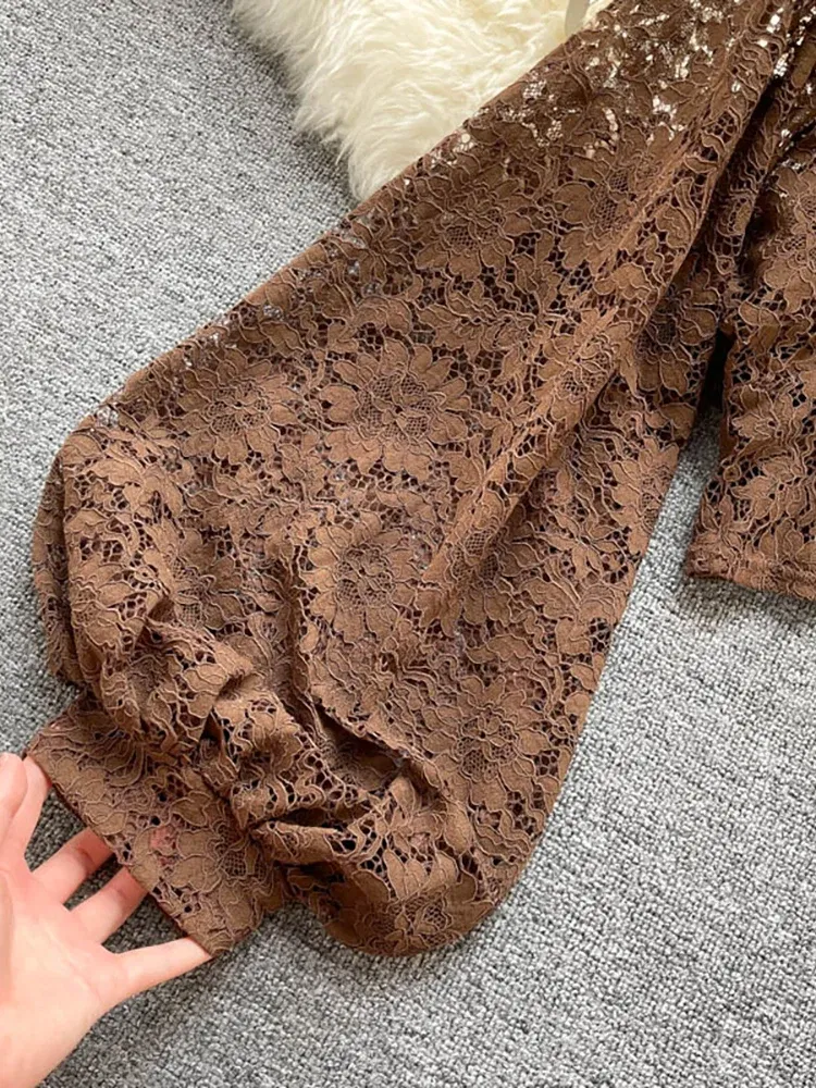 Color: black, Size: One Size - Autumn Black/White/Brown Sexy Lace Blouse Women Elegant V-Neck Puff Long Sleeve Open Back Short Tops Female Party Blusas 2021