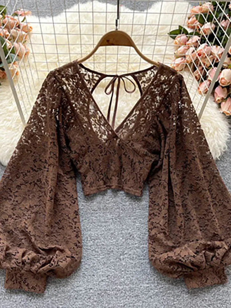 Color: black, Size: One Size - Autumn Black/White/Brown Sexy Lace Blouse Women Elegant V-Neck Puff Long Sleeve Open Back Short Tops Female Party Blusas 2021