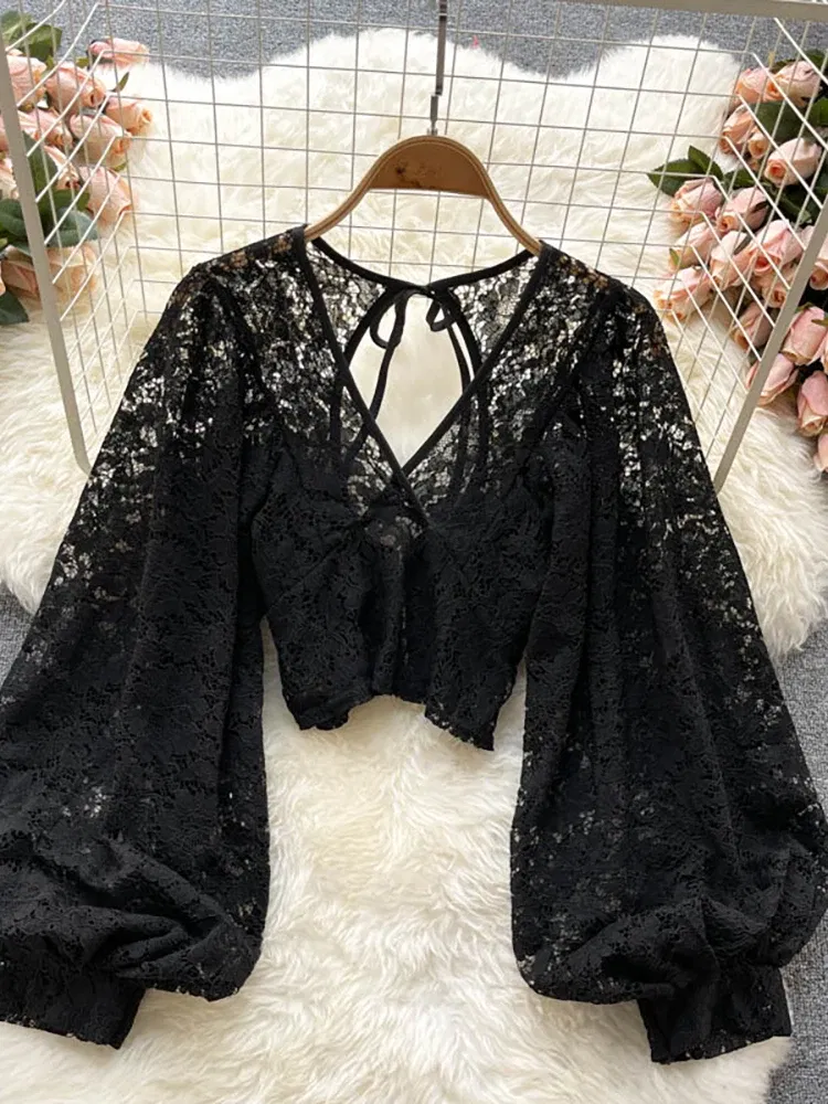 Color: black, Size: One Size - Autumn Black/White/Brown Sexy Lace Blouse Women Elegant V-Neck Puff Long Sleeve Open Back Short Tops Female Party Blusas 2021