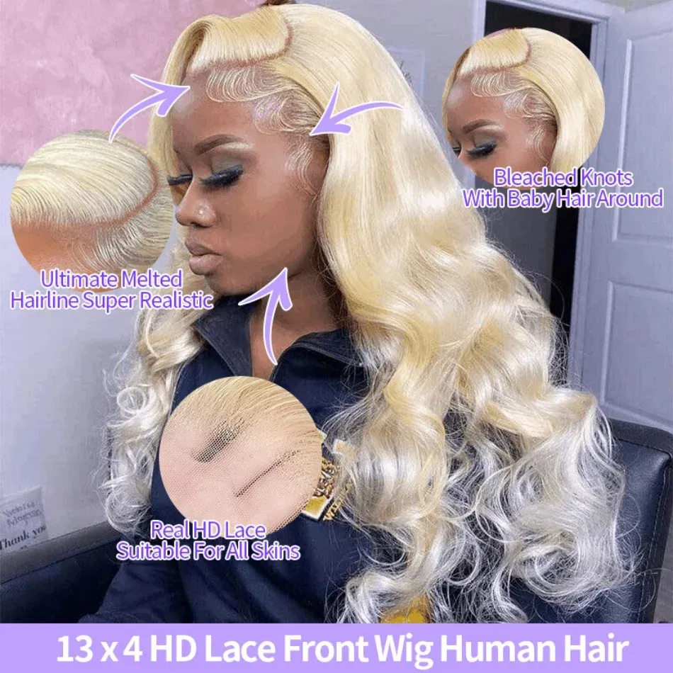 Hair Color: #16, Stretched Length: 32inches, Density: 120%, Ships From: CHINA - Blonde 613 HD Lace Frontal Wig 13x6 Body Wave HD Lace Frontal Wig 613 Colored Human Hair Wigs 30 Inch Long Loose Deep Wig Blonde