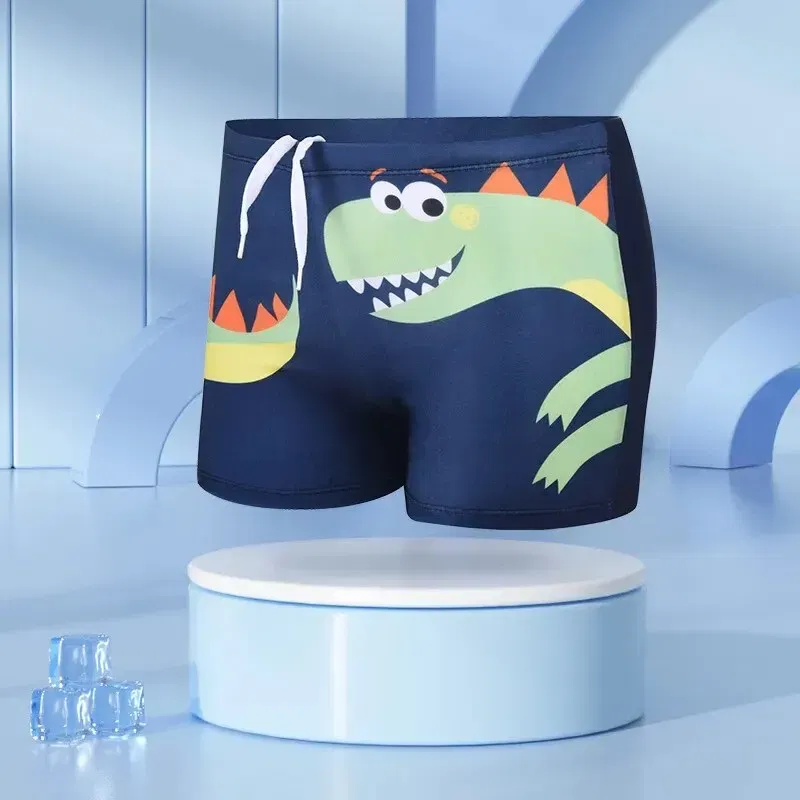 Size: L, Color: Blue - Summer Boys Kids Cartoon Cute Dinosaur Pattern Flat Angle Quick Drying Children's Swim Trunks