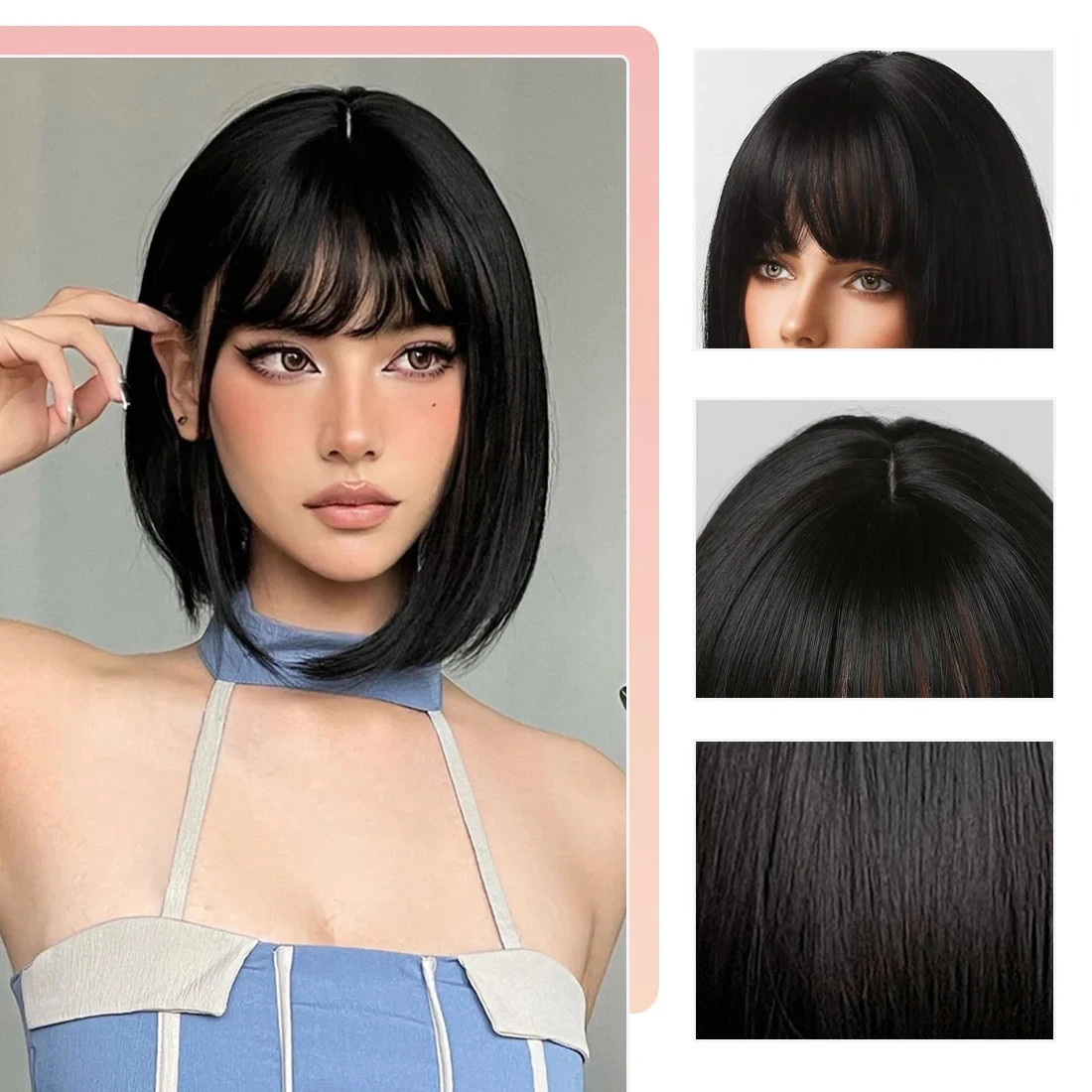 Color: #350, Stretched Length: 12inches - Bob Black Synthetic Wigs Straight Cosplay Short Daily Natural Looking Hair Wig with Bangs Heat Resistant Fiber for Women Afro
